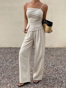 DAZY Women's Elegant Solid Color Pleated Camisole And Wide Leg Pants 2 Pieces Set, Spring/Summer Lounge Sets For Women Short Sets For Women - Beige - View 4