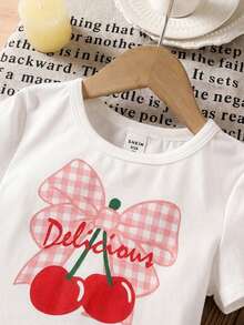 SHEIN LMoss Kids 2pcs/Set Young Girl Cherry Print Knit Top And Woven Plaid Skirt Outfit - Multicolor - View 6