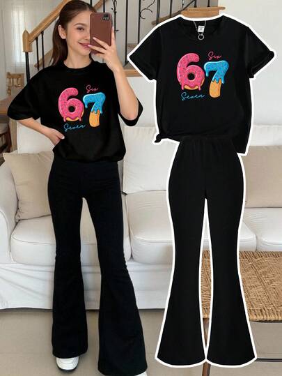 2pcs/Set Tween Girl Casual Playful 67 Graphic Print Short Sleeve T-Shirt And Black Flare Pants Set, Suitable For Daily Wear Bell Bottoms Girl 2 Piece Set Teen Girl Matching Set Bell Bottom Outfits Girls Girl 2 Piece Sets