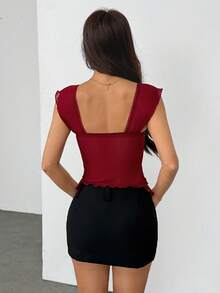 SHEIN PETITE Áo hai dây không tay dáng ôm, phối lưới, thắt dây sau lưng, kiểu dáng bồng bềnh, thích hợp cho nữ, kiểu dáng thường ngày đi nghỉ mát. - Màu Đỏ Sâu - Xem 3