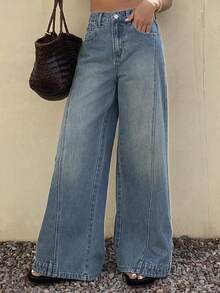 DAZY Women's Regular Waist Loose Wide Leg Jeans With Stylish Hem Design, Casual Street Style - Medium Wash - View 4