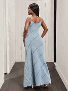 Slaydiva 女士休闲百搭撞色滚边牛仔吊带裙 - 棕色 - 查看 2