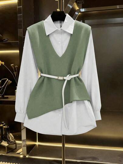 Franclia 2025 Autumn Fresh Debut: Ladies' 2 In 1 Jacket-Shirt Ensemble, Boasting Artful Asymmetrical Tailoring, Exquisite Button Accents & An Adjustable Waist Sash, Streamlined Silhouette That Enhances A Slimmer Look, Versatile For Office Commutes, Leisurely Weekends & Casual Outings Casual Work Tops Women's Work Tops Green Blouses Sage Green Tops Green Shirts For Women