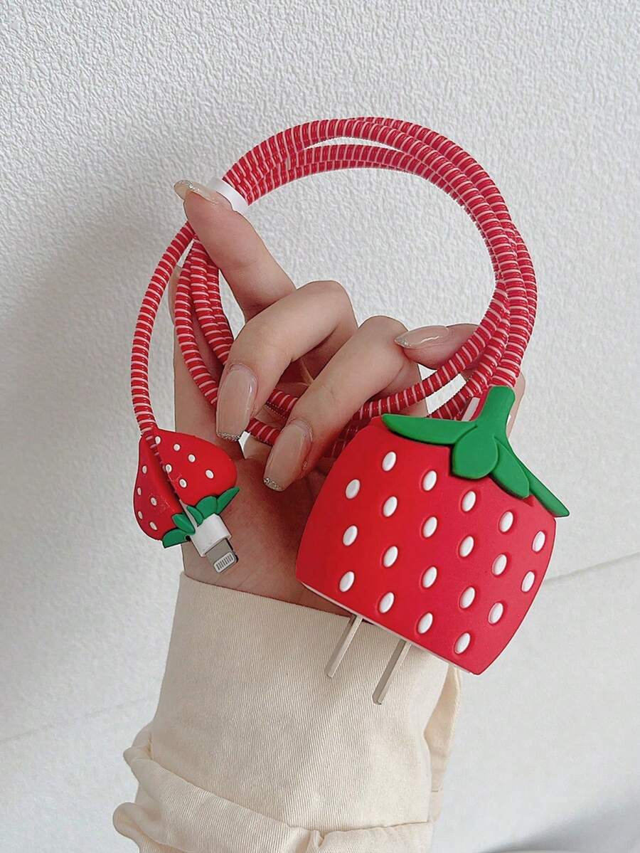 4pcs Red Cartoon Cute Strawberry & Apple Phone Charger Protective Shell, Data Cable Protector, Connector Case Compatible With Apple 18/20W Charger And Data Cable, Tangle-Free Storage, Anti-Collision, Scratch And Dirt Resistance Protection - Red - View 1