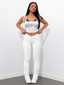 SHEIN Tall Quần jeans ống loe dáng ôm, màu trơn đơn giản dành cho nữ, có túi xéo. - trắng - Xem 5