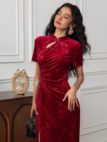 EastFlair 女士优雅花卉提花旗袍领开衩连衣裙，夏季