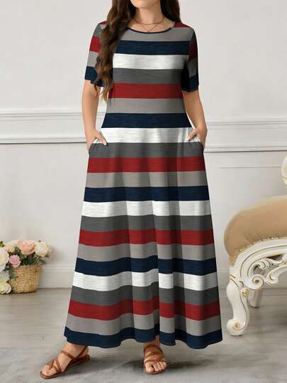 SHEIN Lacomfia Vestido de mujer talla grande con estampado de rayas blancas, rojas y grises, cuello redondo, manga corta, puño con lazo, bolsillo y bajo acampanado, para primavera/verano