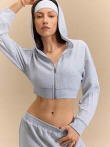 Hanevo 2pcs Women Casual Elegant Sports Outfit, Hooded Crop Sweatshirt And Straight Leg Pants Set, Spring/Summer - Grey - View 3