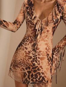 SHEIN BAE 女士荷叶边领前系带喇叭袖豹纹性感连衣裙 - 棕色 - 查看 6