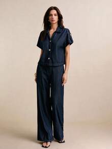 Poéselle Women's Denim Two-Piece Set: A Collared Single-Breasted Short-Sleeved Top Paired With Wide-Leg Jeans In A Casual Dark Blue Denim Two-Piece Outfit. Women's Summer Set Spring Outfit Women Valentine's Day Beach Outfits For Women Birthday Outfit For Women - Dark Wash - View 4