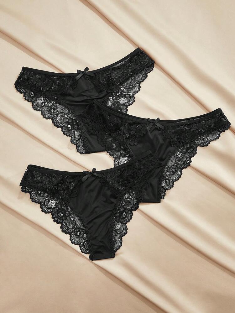 Charlaine 3枚入り 無地セクシーシアーレース ローウエスト レディースパンティ - ブラック - 見る 7