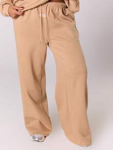 MUSERA Plus Straight Leg Patch Logo Tracksuit Bottom Joggers   Casual Everyday Basics Cosy Spring - Khaki - View 1