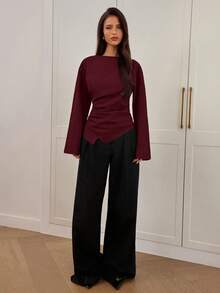Aloruh Women's Autumn/Winter New Stylish Commuter Waist Ruched Asymmetric Hem Long Flare Sleeve V-Neck Pullover Blouse - Burgundy - View 3