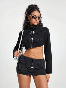 Jeanoix Áo khoác denim nữ màu trơn cổ đứng cài cúc phía trước tay ngắn hoặc dài. - màu đen - Xem 5