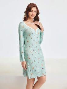 Bonmuse Long Sleeve Lace Patchwork Bear & Bow Print Lettuce Trim Nightgown - Mint Green - View 6