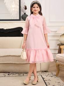 Đầm thanh lịch màu trơn có nơ trang trí và viền bèo cho bé gái tuổi teen - Màu xanh lam - Xem 1