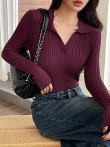 DAZY 女士秋季简约纯色翻领修身长袖毛衣 - 酒紅色 - 查看 5