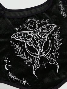 ROMWE Goth 哥特式暗黑风格刺绣飞蛾撞色宫廷领紧身天鹅绒背心 - 黑色 - 查看 4