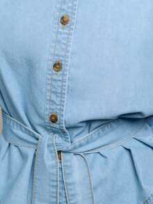 Nöista Light Blue Denim Blouse Features A Ruffled Collar, Button-Down Front, And Puffed Sleeves With Ruffled Cuffs. Waist Tie, The Peplum Silhouette For A Flattering Fit. Spring, Summer. - Light Wash - View 3