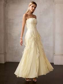 MOTF Soiréza WOMEN'S SPRING LACE ROMANTIC RUFFLE HEM STRAPLESS COCKTAIL PARTY DRESS - Yellow - View 5