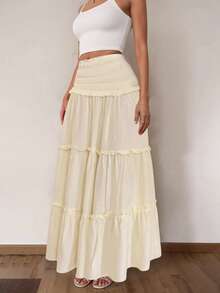 Glamine 腰部褶皱拼接蛋糕裙喇叭裙，休闲日常度假裙 - 黃色 - 查看 4