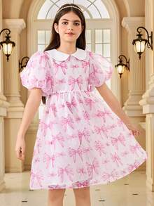 SHEIN 少女優雅蝴蝶結圖案花瓣袖公主裙 - 粉色 - 查看 4