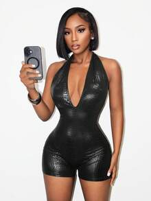 Swim SXY 女士性感纹理露背吊带连体衣 - 黑色 - 查看 7