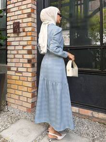 DAZY Women's Elegant Mandarin Collar Puff Sleeve Blouse & Asymmetrical Hem Skirt 2-Piece Set, Spring/Summer - Blue - View 2