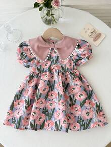 LMoss Kids LMoss Baby Girl Cute Ditsy Floral Ruffle Collar Puff Sleeve Dress,Summer Flower Girl Blue Pink Casual Clothes For Parties,Birthdays&Everyday Life - Multicolor - View 4