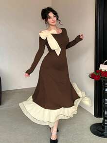 DAZY فستان طويل أنيق مناسب للمرأة مع تباين اللون، كشف الكتف، تفاصيل ربطة فيونكة - قهوة بني - مشاهدة 6