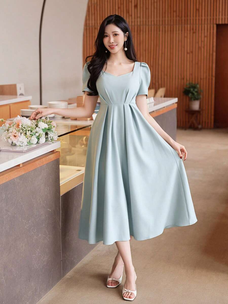 DAZY 女士优雅纯色泡泡袖系腰中长连衣裙，夏季婚礼宾客礼服 - 藍色 - 查看 1