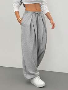 SHEIN Tall 女士秋冬街头风基本款日常休闲外出灰色宽松低腰束口裤 Y2k - 灰色 - 查看 12