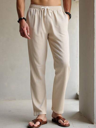 HIMLAND Men's Solid Color Drawstring Waist Pockets Straight Leg Casual Pants  Beach Outfit  Summer Wardrobe Essentials Casual Outfit Ideas Laid-Back Look Flowy Beach Pants Casual Long Pants Summer Wardrobe Essentials Casual Outfit Ideas Laid-Back Look  Daily Essential Wardrobe Staple Basic Style All-Match Style Go-To Piece Mix-And-Match Item Casual Versatile Style