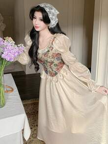 Women's Elegant Floral Patchwork Frill Trim Long Dress, Spring/Summer Wedding Guest Dress - Beige - View 4