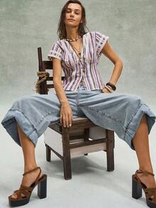 Bohemela 休闲条纹短袖V领修身女式衬衫 - 彩色 - 查看 1