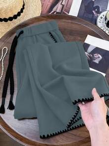 GlowEve CURVE Quần dài thể thao dáng rộng phối màu tương phản cỡ lớn, mùa xuân/thu, viền thêu tương phản, quần jogger ống rộng màu trơn có dây rút ở eo và túi, buộc dây ở mắt cá chân, kiểu dáng thường ngày. - Màu xanh bụi bặm - Xem 4