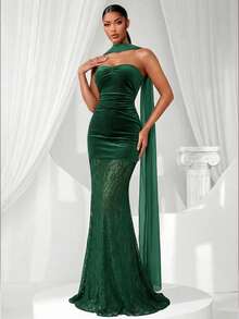 Coutiva 女士撞色蕾丝褶皱修身优雅正式晚礼服（缀饰繁复），情人节 - 墨綠色 - 查看 3