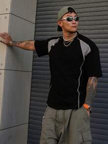 DAZY Maglietta sportiva da uomo con maniche a raglan e design in tessuto patchwork, estiva - nero - Visualizzare 6