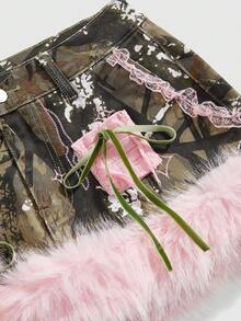 ROMWE J-Fashion Váy ngắn denim cạp thấp dáng suông họa tiết rằn ri Y2K cá tính dành cho nữ. - xanh quân đội - Xem 3