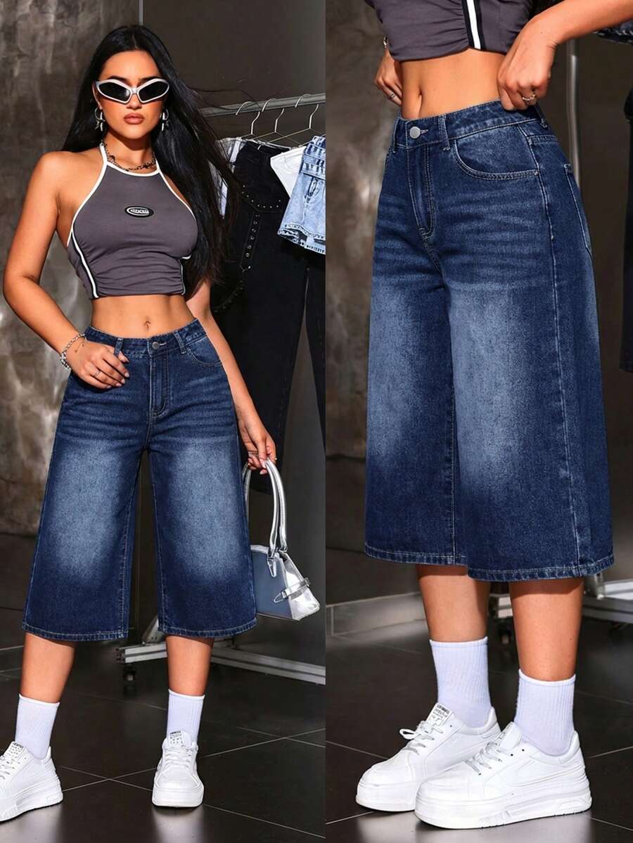 SHEIN ICON Quần jean nữ dáng rộng lửng 3/4, phong cách đường phố thường ngày, thích hợp cho việc đi lại hàng ngày vào mùa hè. - Rửa tối - Xem 1