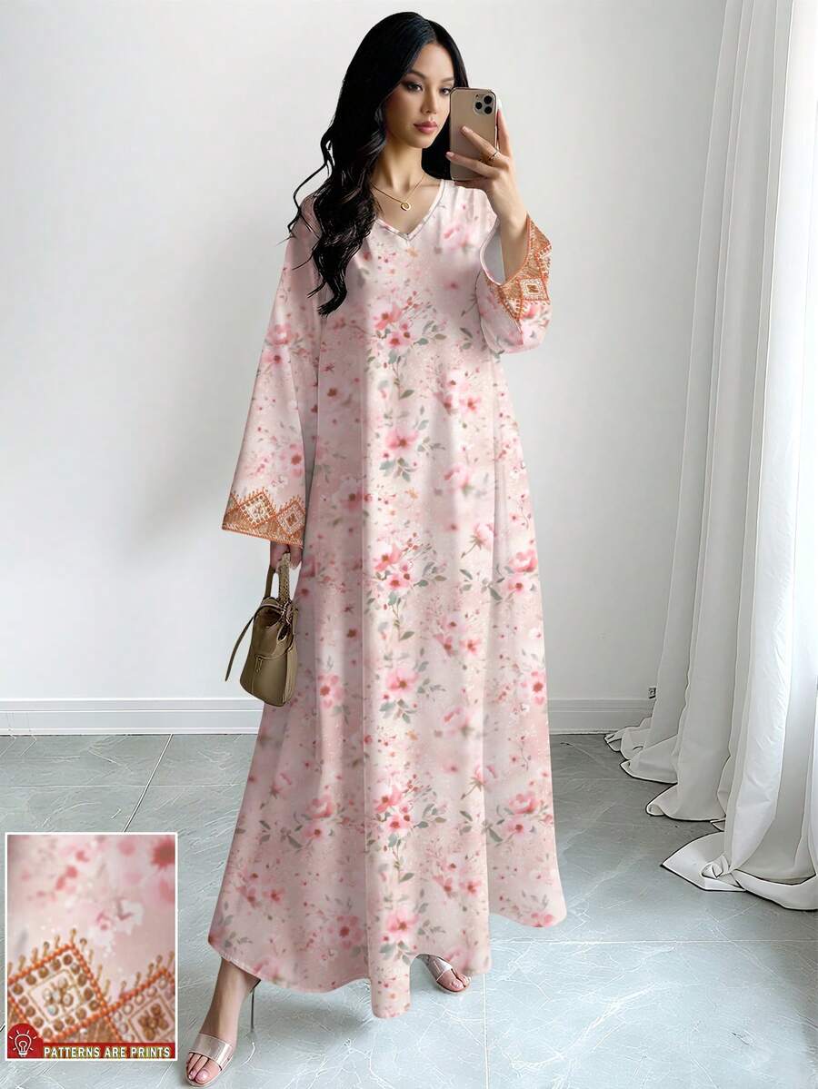 SHEIN Najma 女士优雅阿拉伯风格花卉几何印花V领长袖连衣裙,适合春夏穿着 - 彩色 - 查看 1