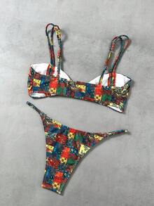 Swim Vcay Conjunto de bikini de dos piezas con estampado tropical, estilo casual de vacaciones para mujer - Multicolor - Ver 3