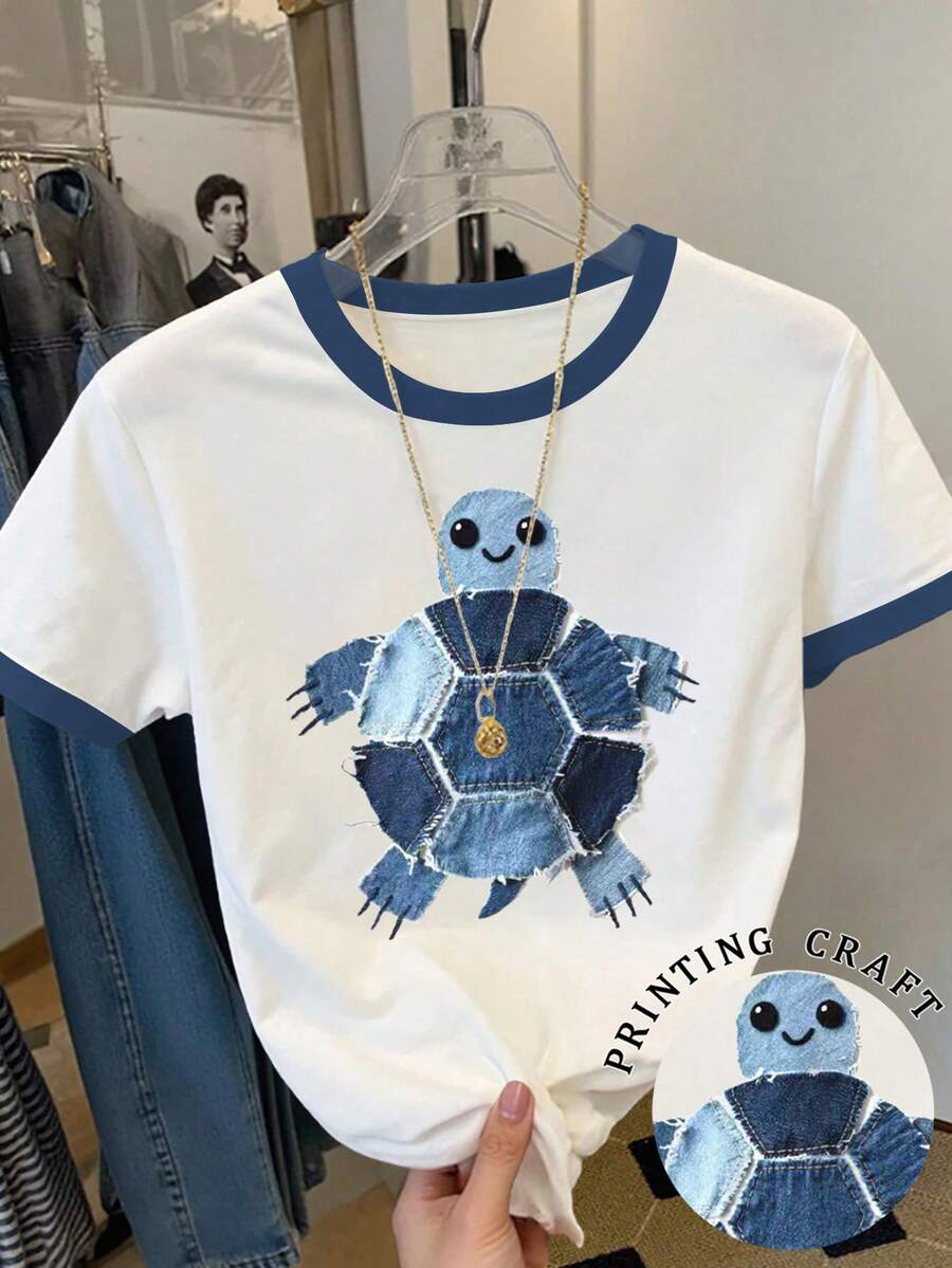 Resyla Women's Casual Everyday Commute Vacation Style Cute Sea Turtle Printing Craft Ringer Short Sleeve T-Shirt, Summer - White - View 1