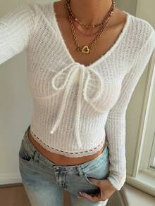 DAZY 女士圆领毛绒面料修身长袖抽绳性感优雅度假T恤 - 白色 - 查看 4