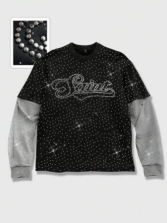 2026 Primavera, Otoño y Verano Camiseta de cuello redondo casual para hombres con adornos de rhinestone, Blusa de manga larga 2 en 1 de moda unisex para mujeres