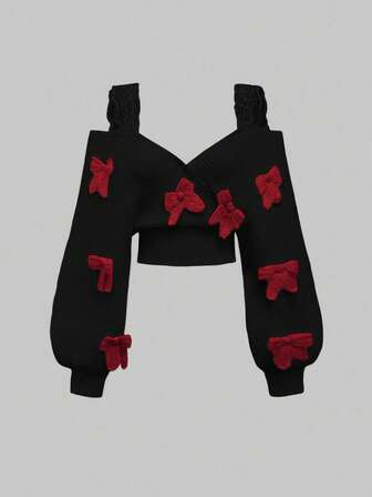 Kawaii Suéter corto de mujer con hombros descubiertos, lazo decorativo y tirantes de encaje, estilo casual y sexy a la francesa