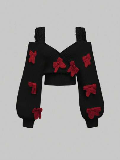 Kawaii Damen französischer lässiger, sexy Spitzen-Träger Schulterfreier Pullover mit Schleifendekor, kurz geschnitten