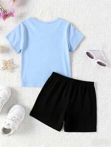 2pcs/Set Young Girl Fashion Colorful Star & Cartoon Girl K-Pop Band Letter Print Round Neck Short Sleeve T-Shirt Top And Shorts Set, Suitable For Outings In Summer - Multicolor - View 2