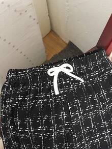 SHEIN Girls' Elegant Black And White Plaid Button-Up Short Sleeve Top And Matching Pants Set,Knit Print 2-Piece Outfit For Tea Party,Autumn Casual/Commute - Black and White - View 6