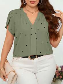 Reflora Plus Size Notch Neck Petal Sleeve Heart Print Minimalist Top Valentines - Mint Green - View 4